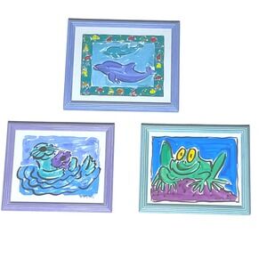 Sally Huss vintage print set framed bright colorful nursery ocean dolphin otter